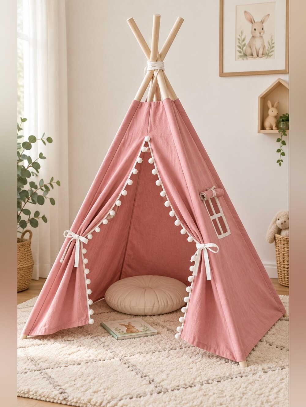 Pink Kids Teepee Play Tent White Pom-Pom Tassel Trim Wooden Poles